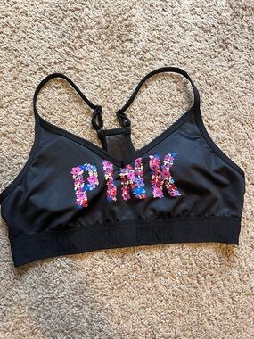 PINK Floral Logo Black Bralette
